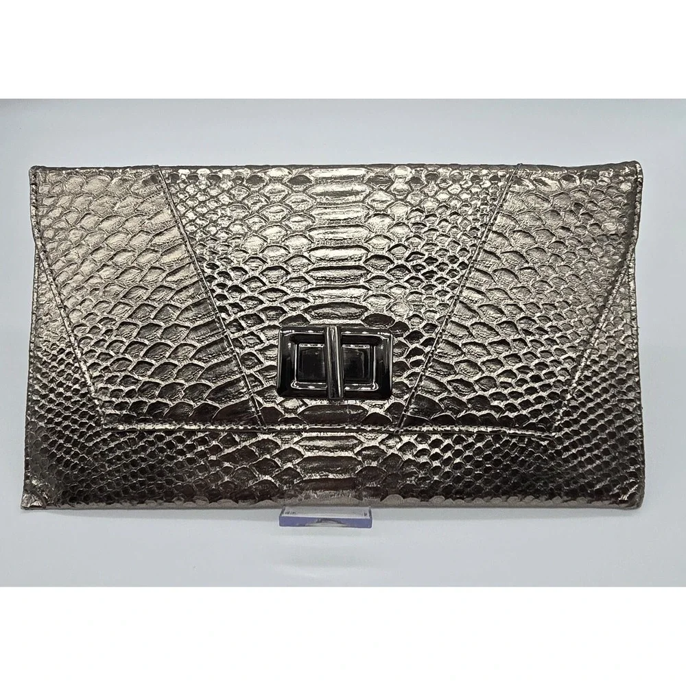 MMS Metallic Snakeskin Embossed Clutch Evening Bag Gunmetal Chain Strap